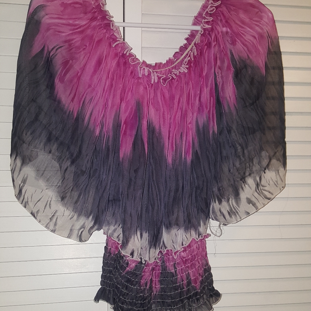 Pink and grey flowy off shoulder boho style top